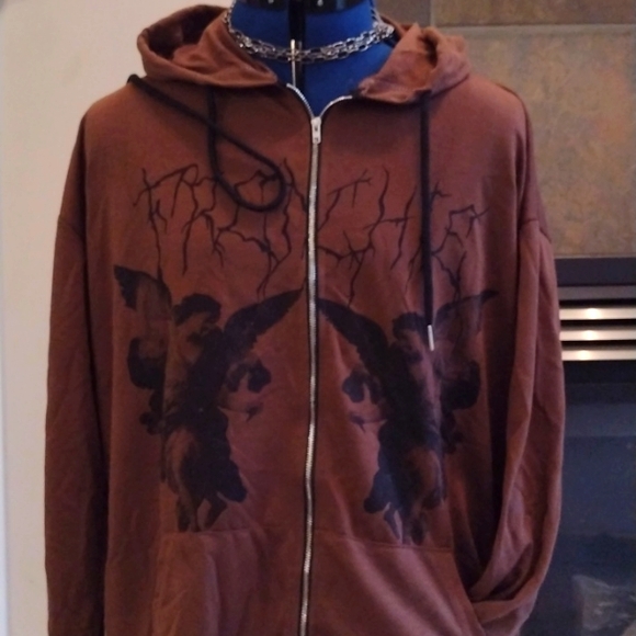 🆕 ANGEL & SPOOOKY GRAPHIC Tree Limb WRITING Oversize Hoodie!! - Picture 1 of 5